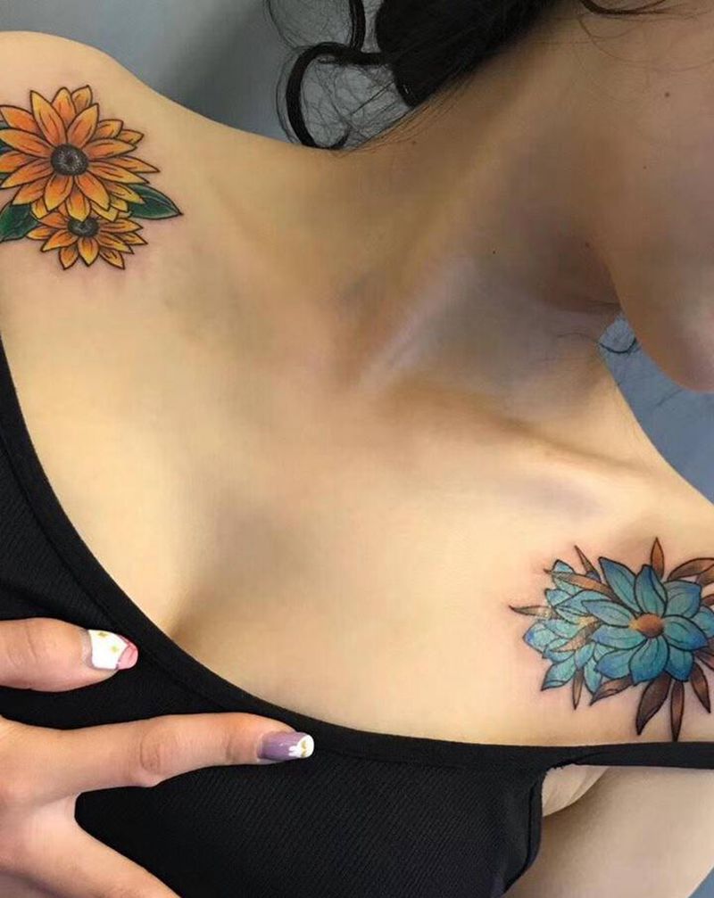 阳光与一瞬间的永恒纹身图片_肩部Old School向日葵 昙花纹身图案