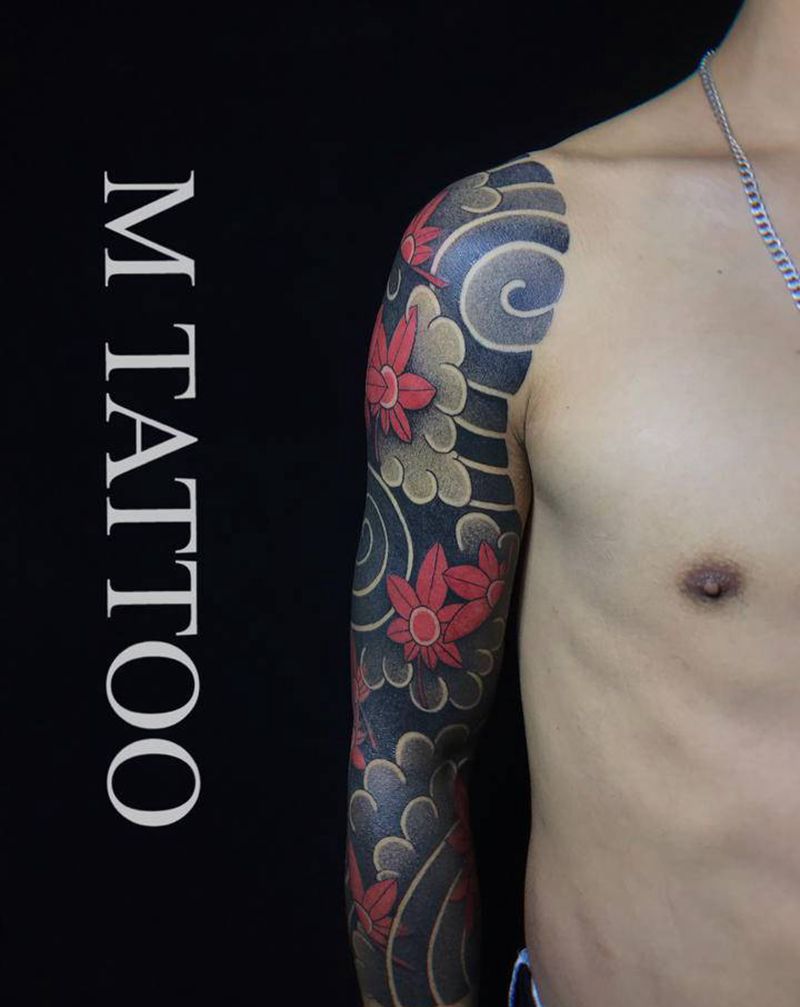 老传统七分臂纹身图片_手臂手部老传统枫叶日式纹身图案