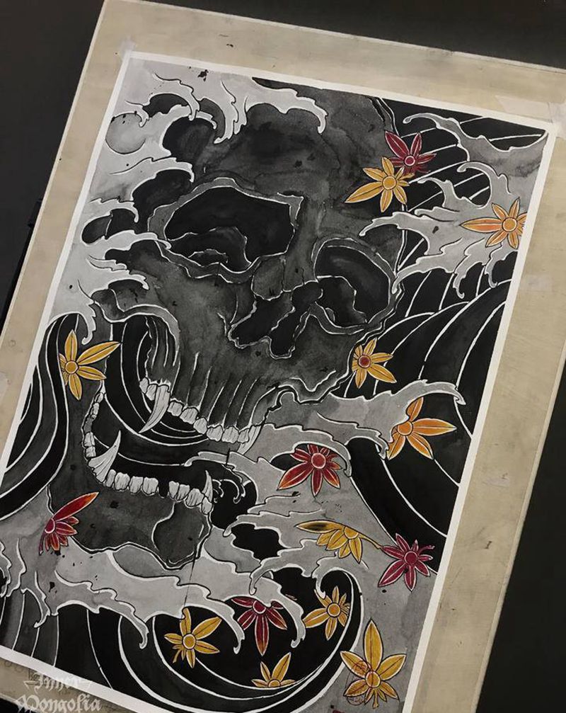 骷髅纹身图片_背部老传统浪 骷髅纹身图案