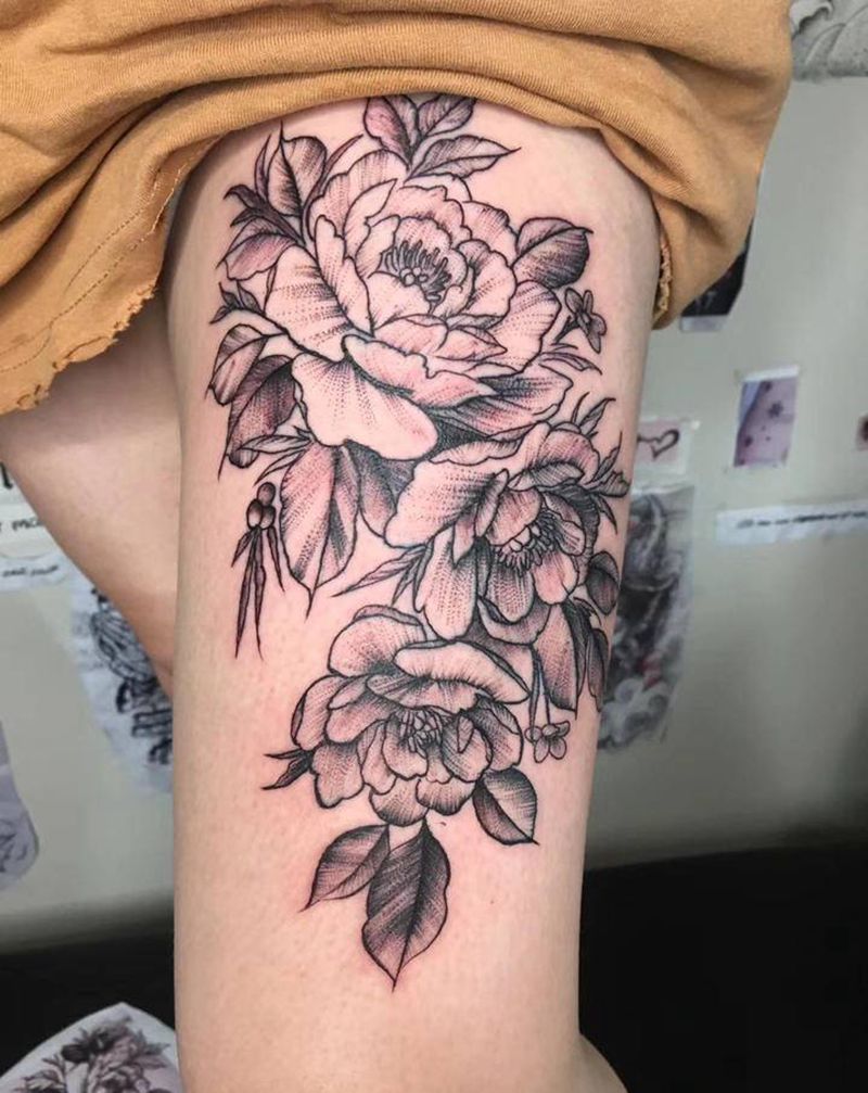 牡丹点刺纹身图片_腿部点刺纹身图案