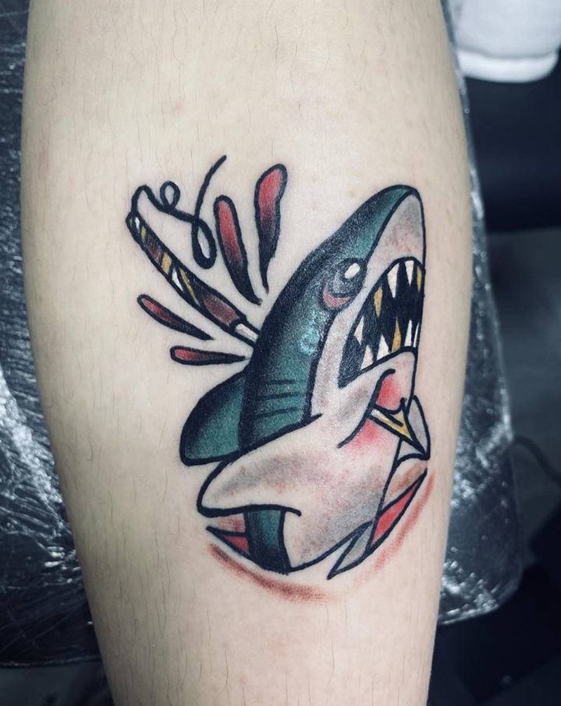 old school鲨鱼纹身图片_腿部Old School纹身图案