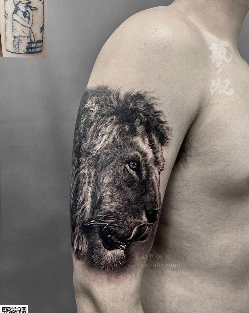 写实狮子遮盖纹身图片_手臂欧美写实狮子纹身图案