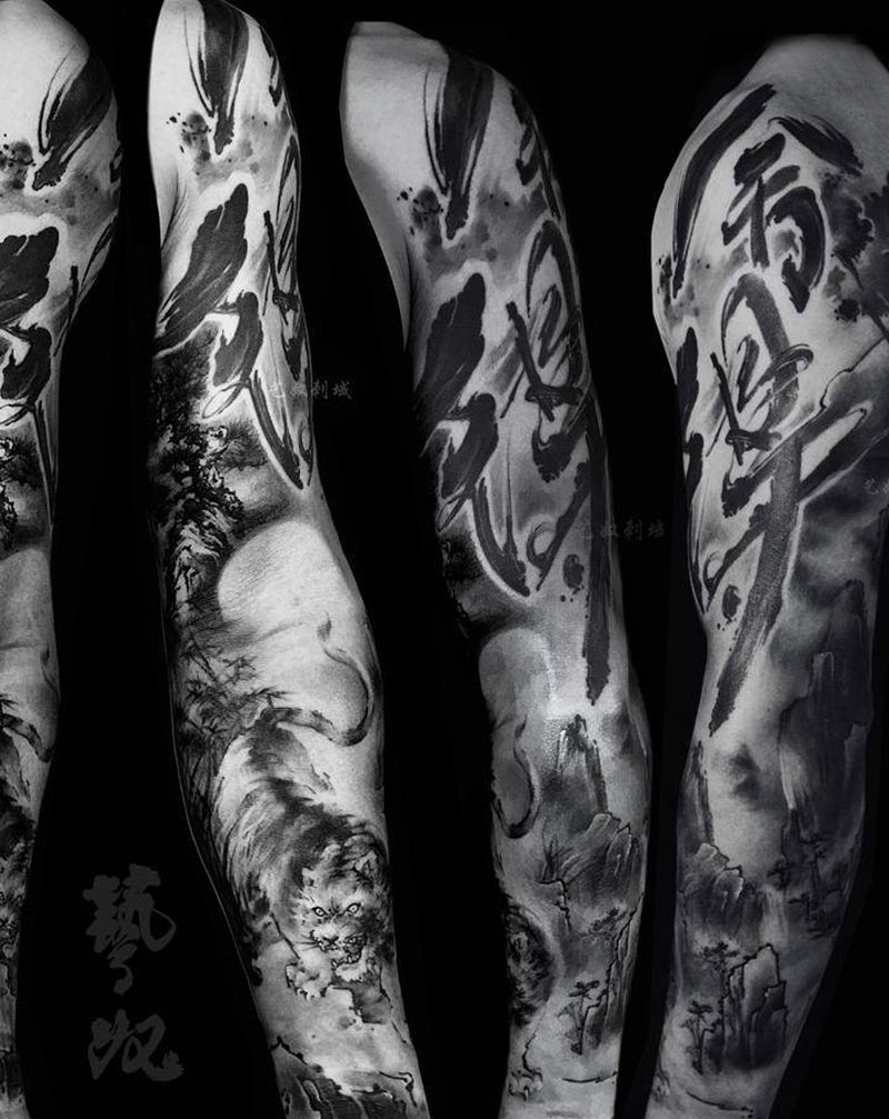 中国风花臂纹身图片_手臂水墨老虎汉字纹身图案