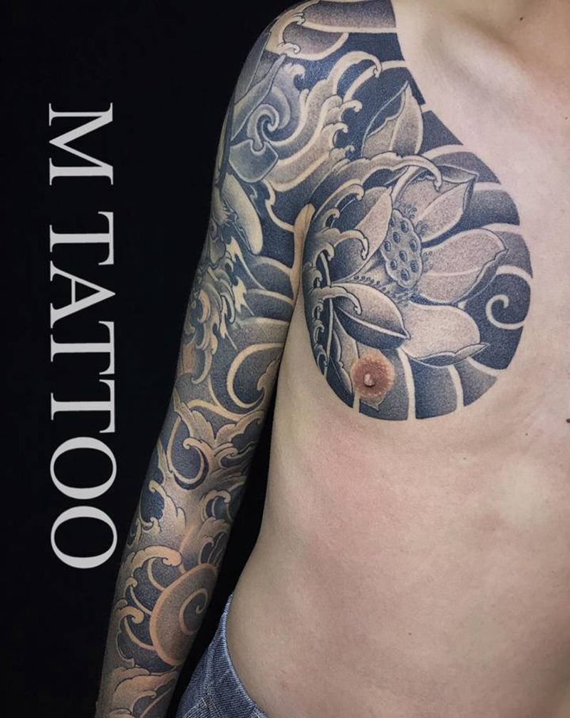 海浪荷花纹身图片_手臂手部传统 海浪纹身图案