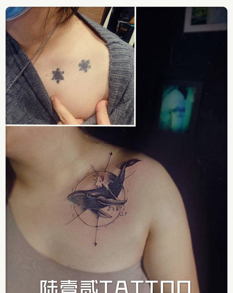 鲸鱼覆盖纹身图片_胸部几何纹身图案