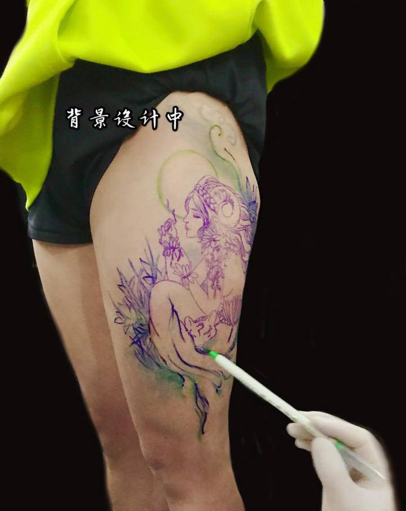 星座纹身纹身图片_腿部水彩纹身图案