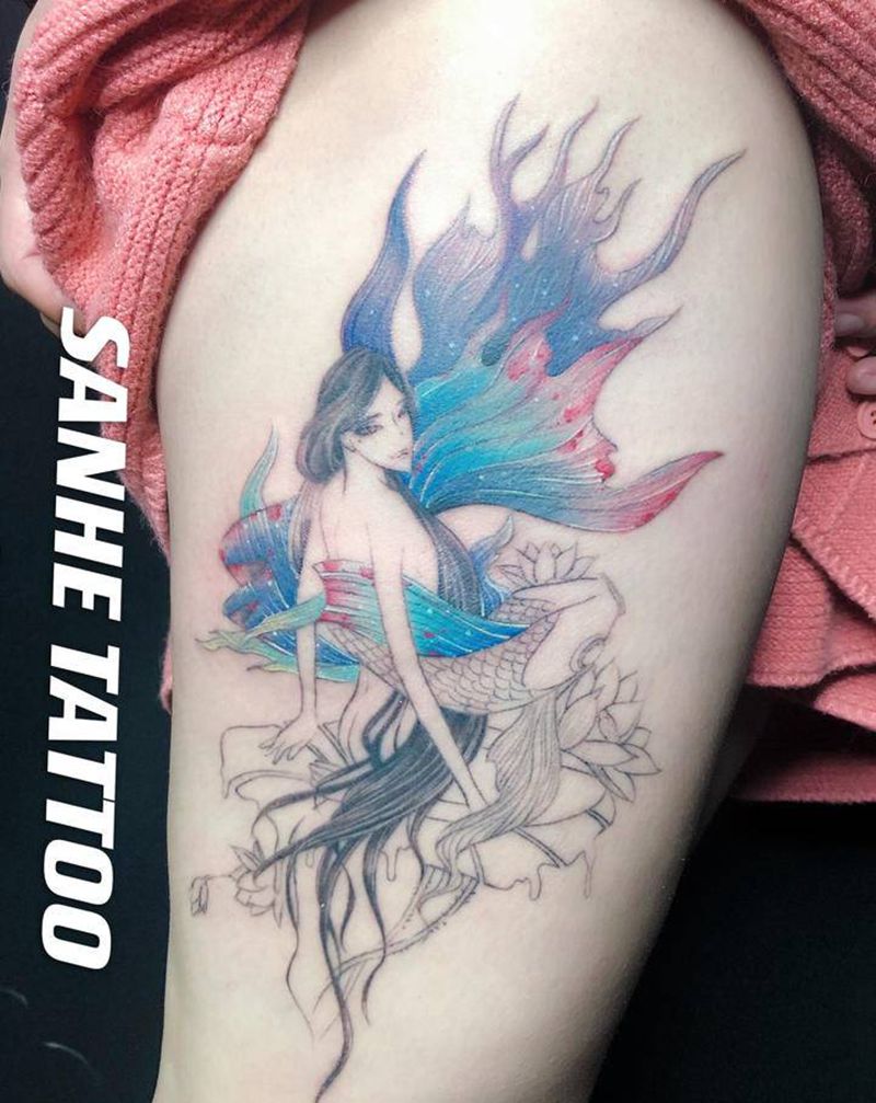 锦鲤少女纹身图片_腿部水彩鱼锦鲤水彩纹身图案