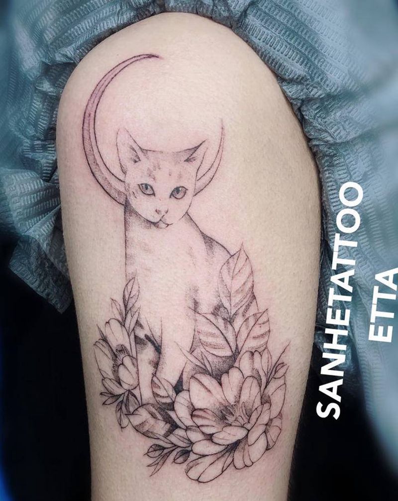 花与猫纹身图片_手臂手部花猫小清新纹身图案