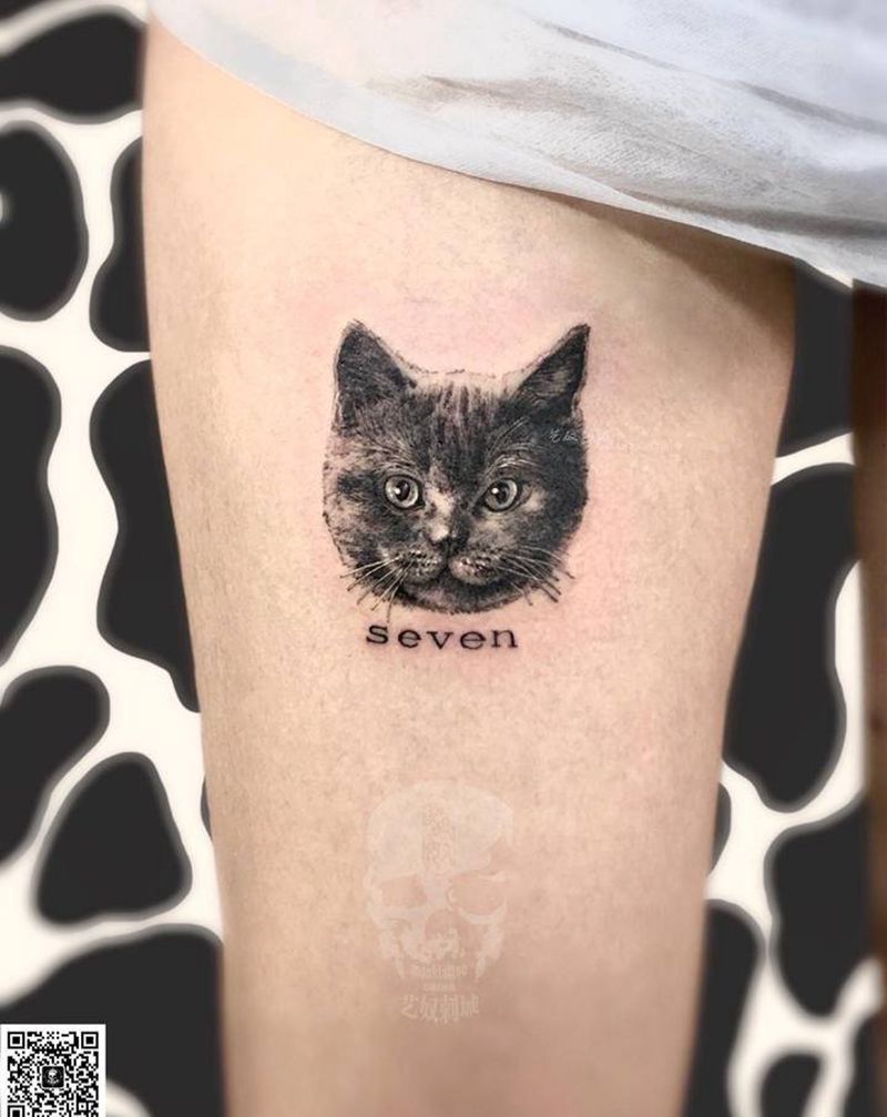 猫纹身图片_腿部欧美写实纹身图案
