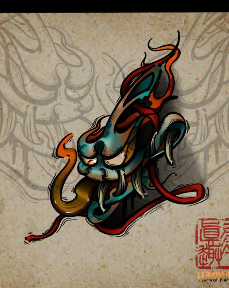 《妖怪》纹身图片_颈部腰部New School老传统纹身图案
