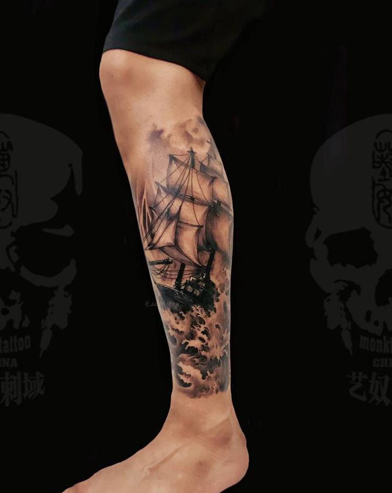 船锚⚓️船帆纹身图片_腿部纹身图案