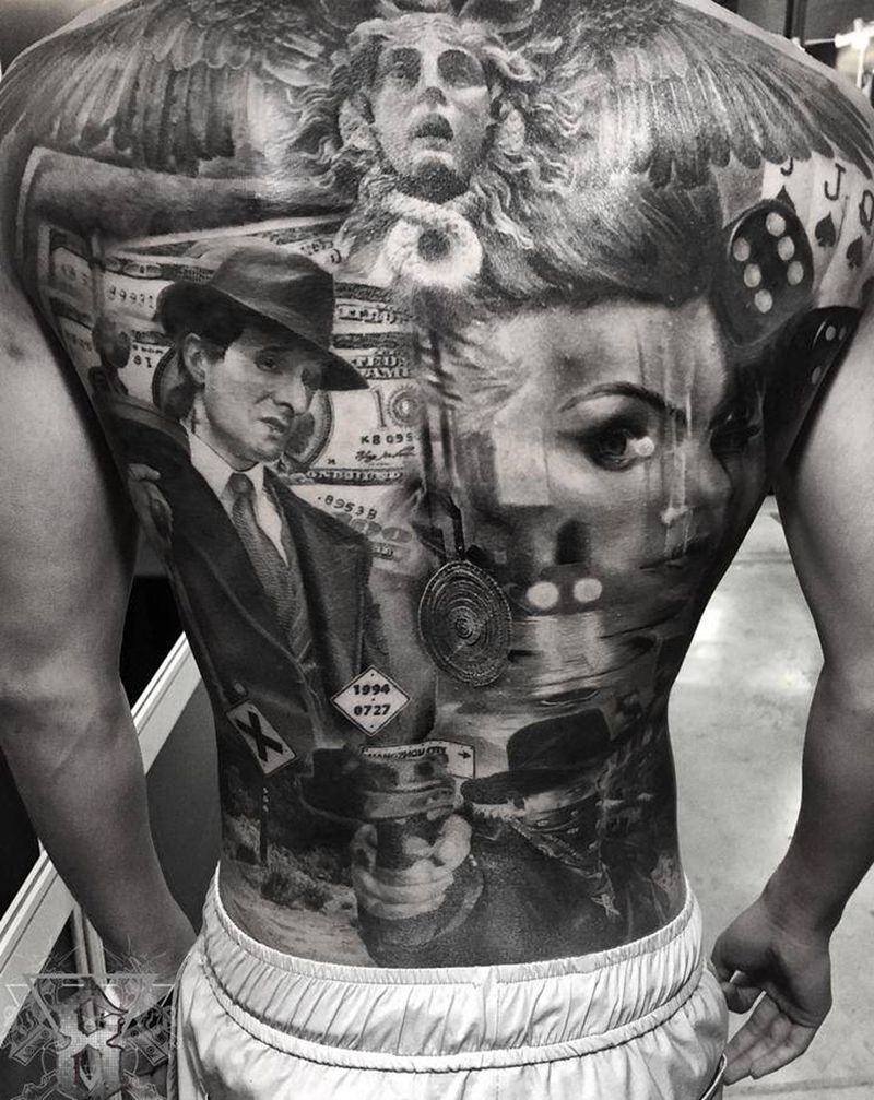 Las Vegas纹身图片_背部欧美写实肖像素描黑灰纹身图案