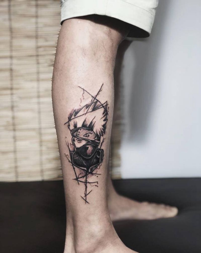 卡卡西纹身图片_腿部脚部水墨欧美写实纹身图案