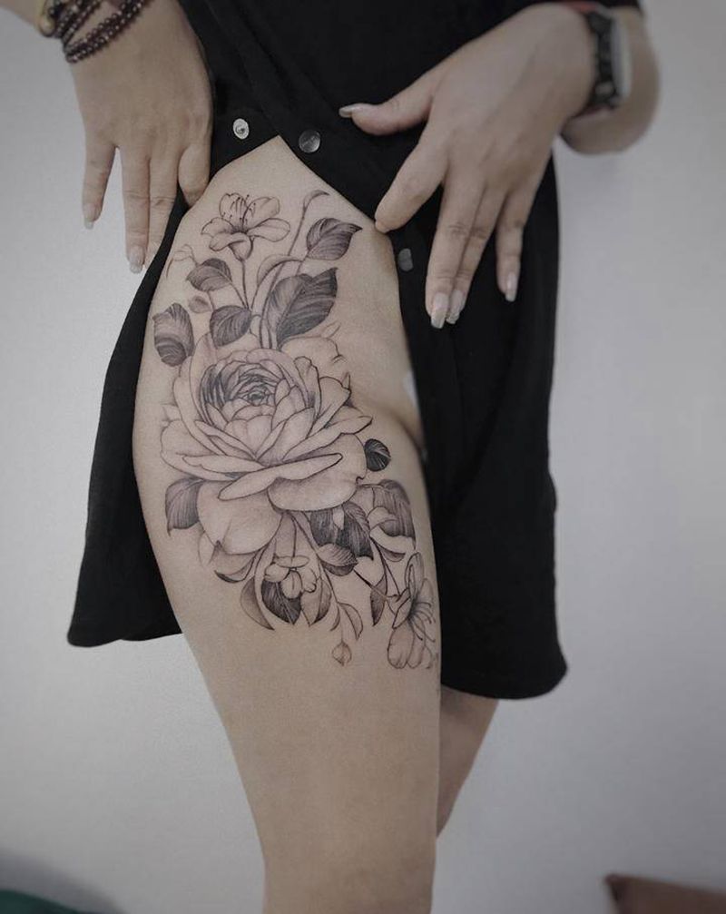 唯美性感的素花,女神款纹身图片_腿部臀部点刺纹身图案