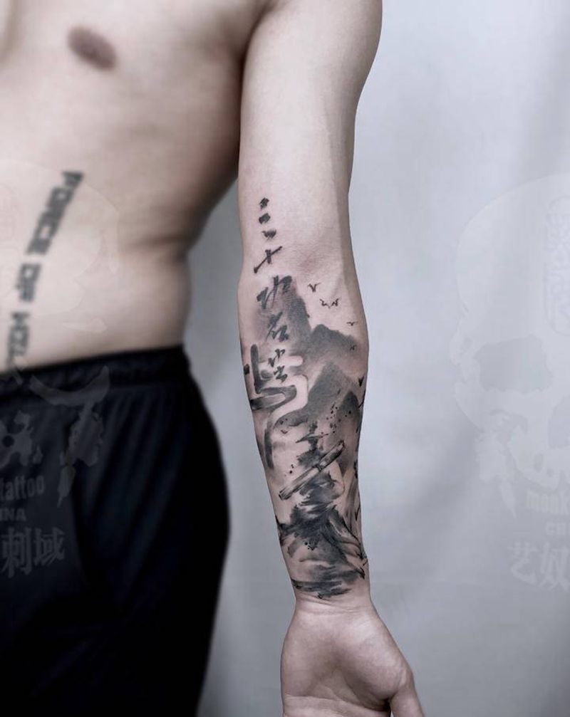和尚老师创作纹身图片_手臂水墨中国风纹身图案