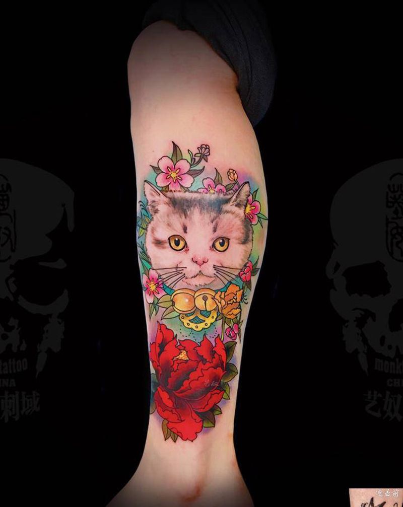 猫咪纹身纹身图片_腿部New School纹身图案