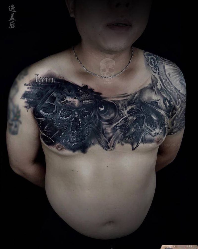 创作骷髅遮盖纹身图片_胸部腿部欧美写实New School遮盖纹身图案