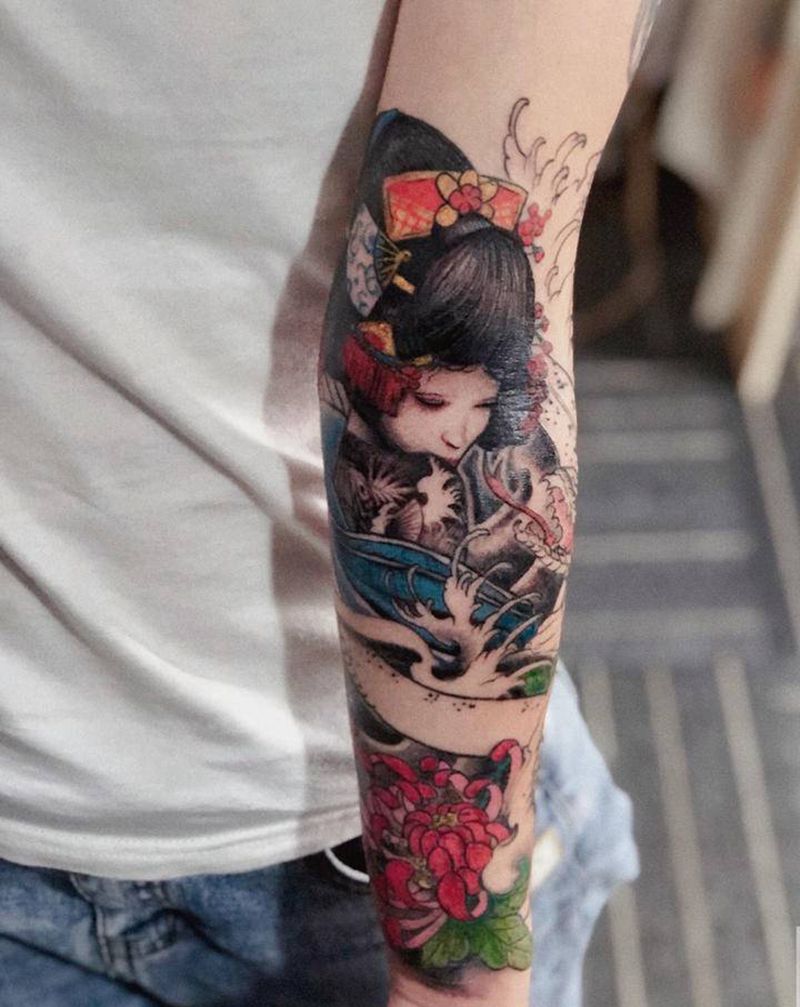 艺伎纹身图片_手臂新传统纹身图案