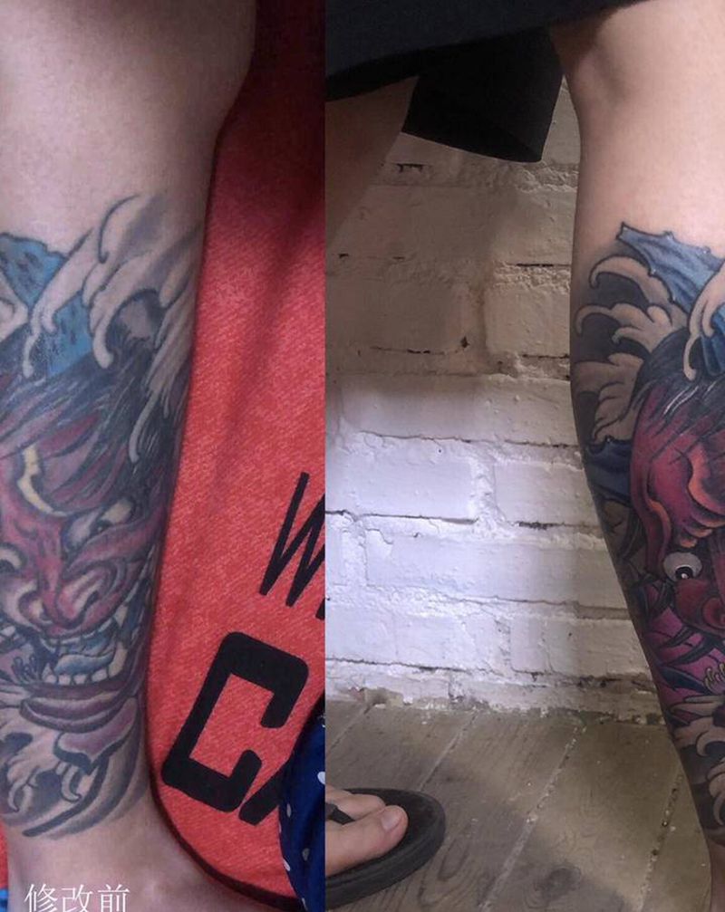 失败般若修改纹身图片_腿部新传统修改纹身图案