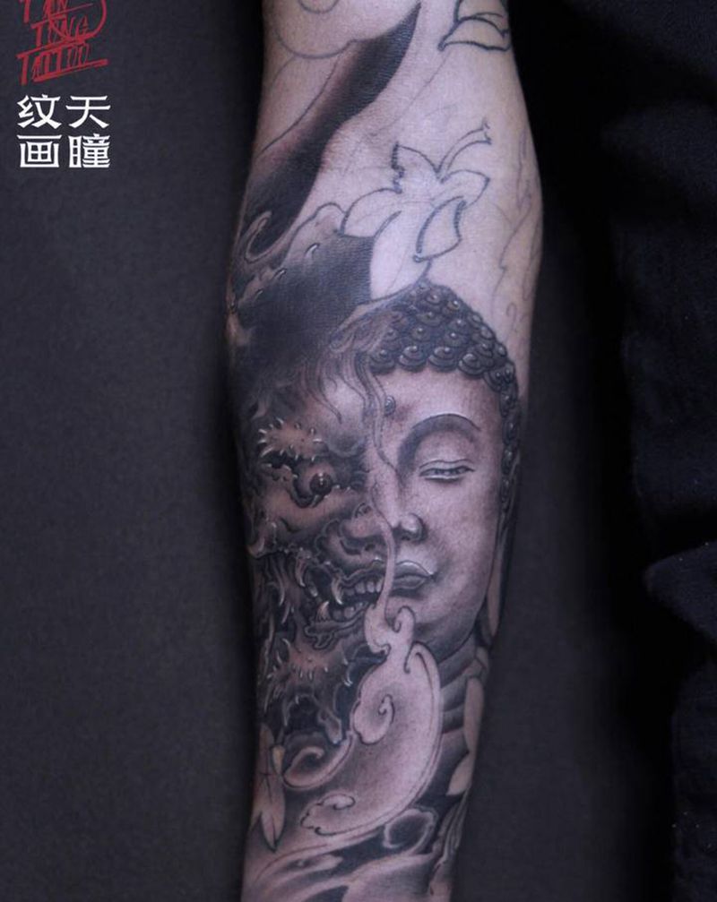 花臂未完成纹身图片_手臂新传统纹身图案