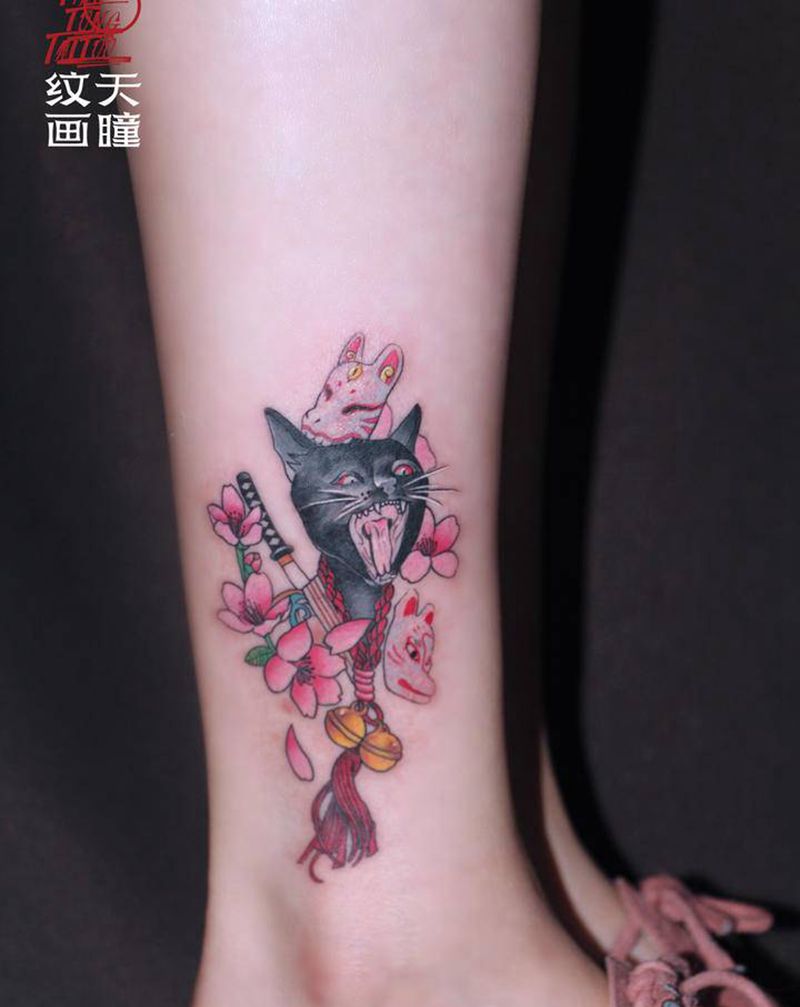 猫纹身图片_腿部纹身图案