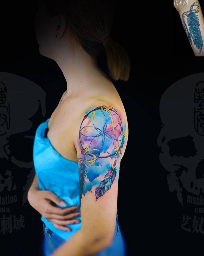 捕梦网修改纹身图片_手臂水彩捕梦网纹身图案