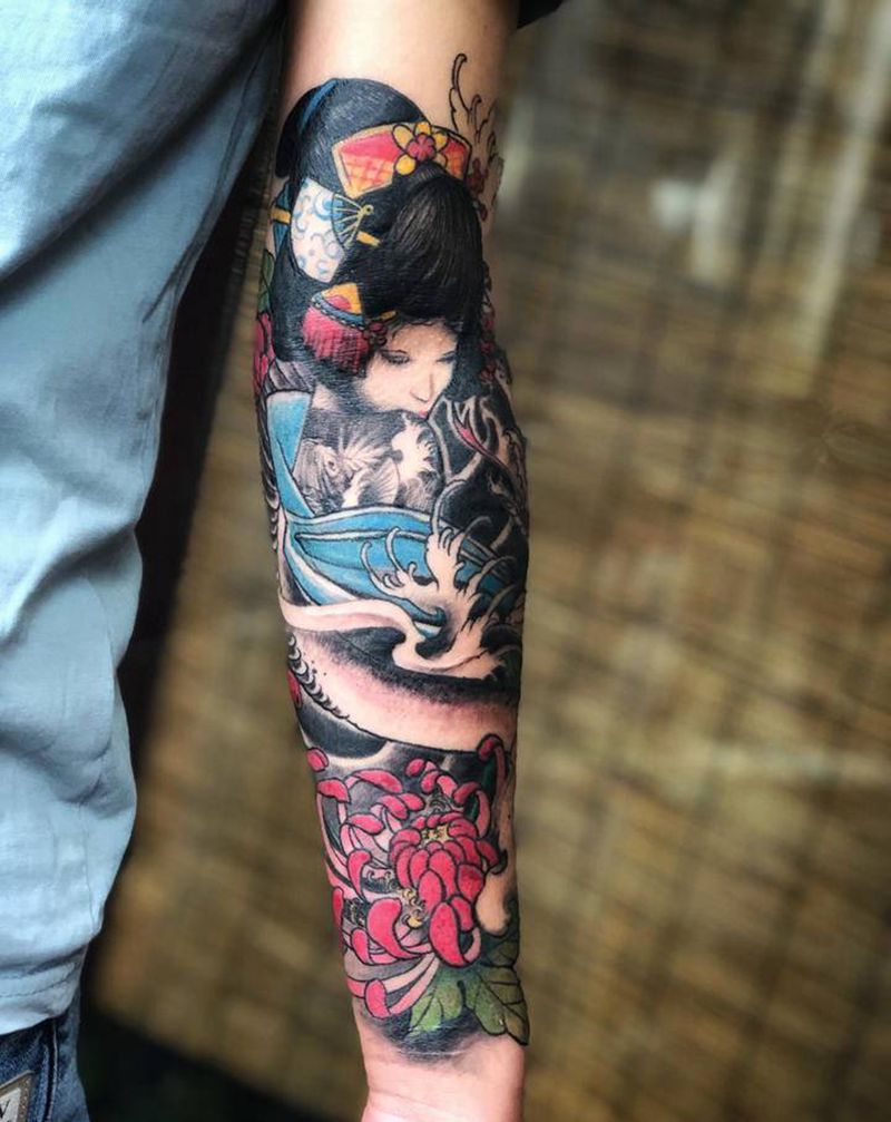 艺伎遮盖伤疤完成纹身图片_手臂新传统水彩纹身图案