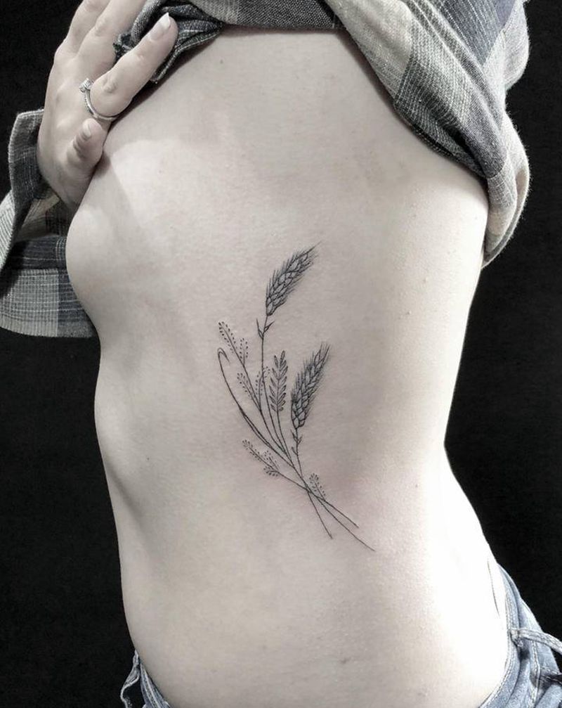 麦穗儿纹身图片_腹部腰部几何点刺麦穗纹身图案