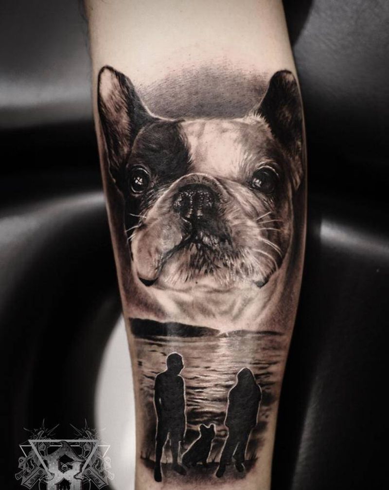 法斗纹身图片_腿部脚部欧美写实宠物肖像黑灰写实纹身图案
