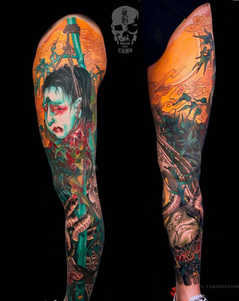 原创新传统花腿纹身图片_腿部新传统艺奴刺域纹身图案