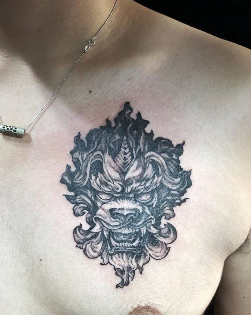 獬豸神兽纹身图片_胸部欧美写实纹身图案