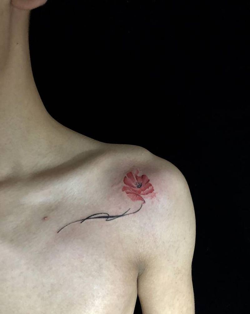 罂粟花纹身图片_肩部水彩欧美写实纹身图案