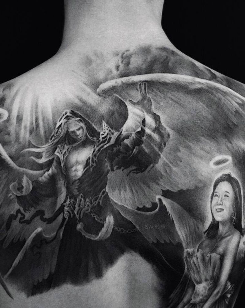 天使纹身图片_背部肖像纹身图案