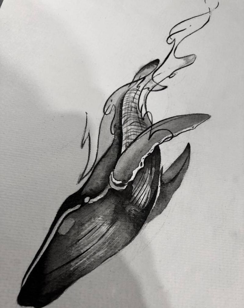 鲸落纹身图片_腿部水墨鲸鱼纹身图案