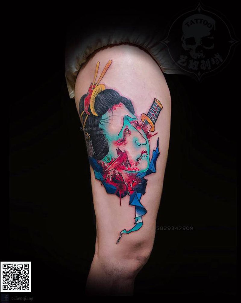 创作新传统花腿纹身图片_腿部新传统艺奴刺域纹身图案