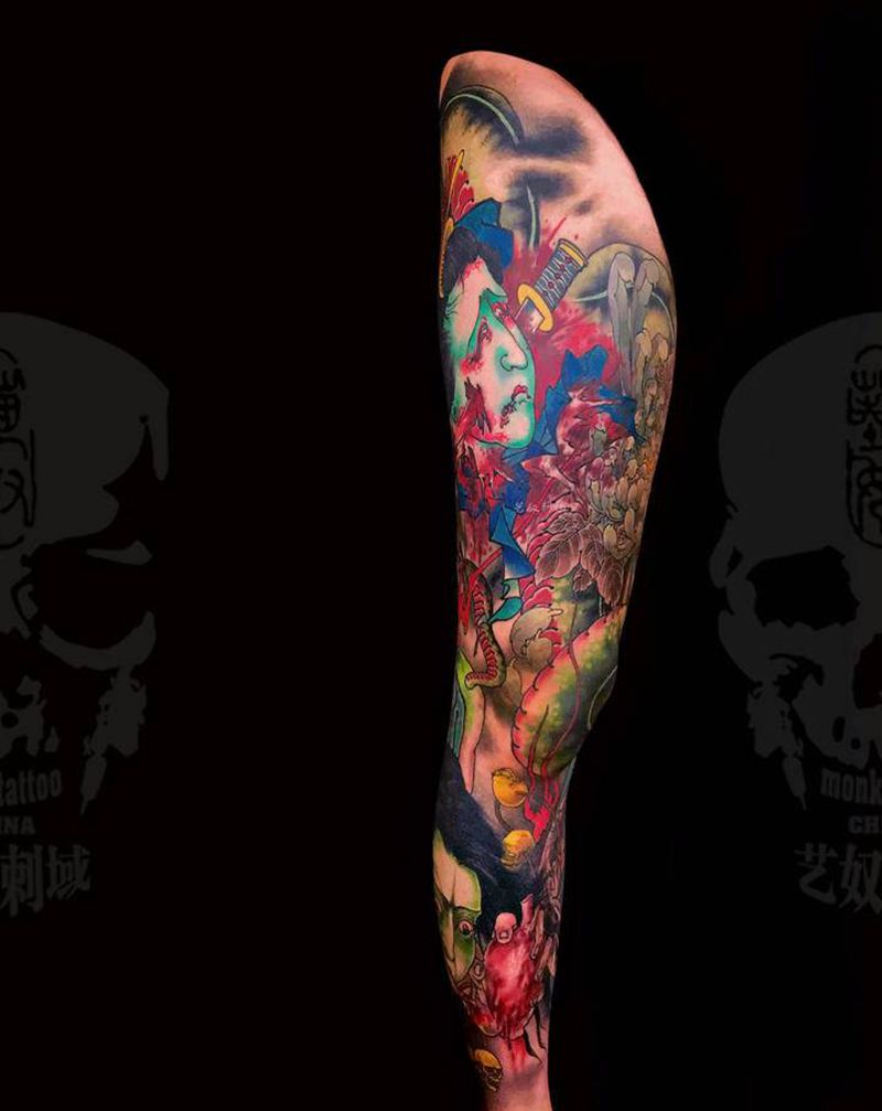 原创新传统花腿纹身图片_腿部新传统艺奴刺域纹身图案