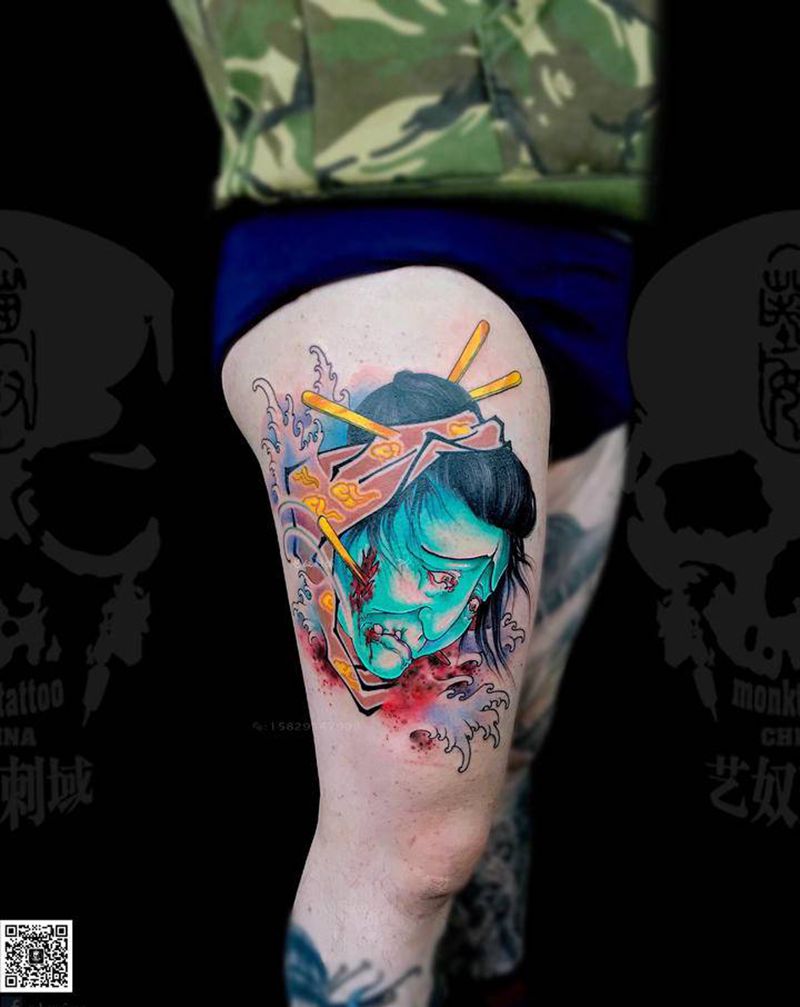 和尚老师创作纹身图片_腿部新传统艺奴刺域纹身图案