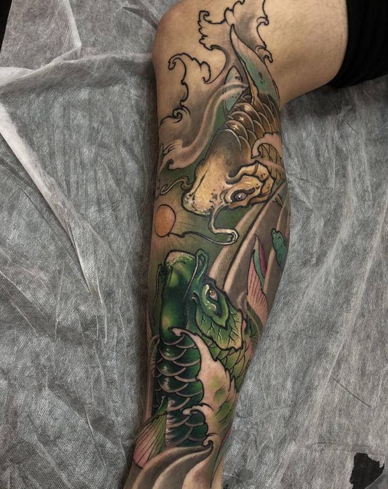 传统鱼纹身图片_腿部新传统纹身图案