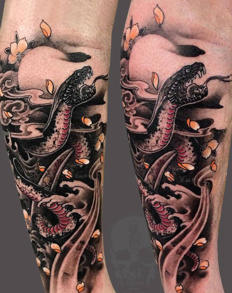 创作蛇传统小腿半包纹身图片_腿部新传统纹身图案