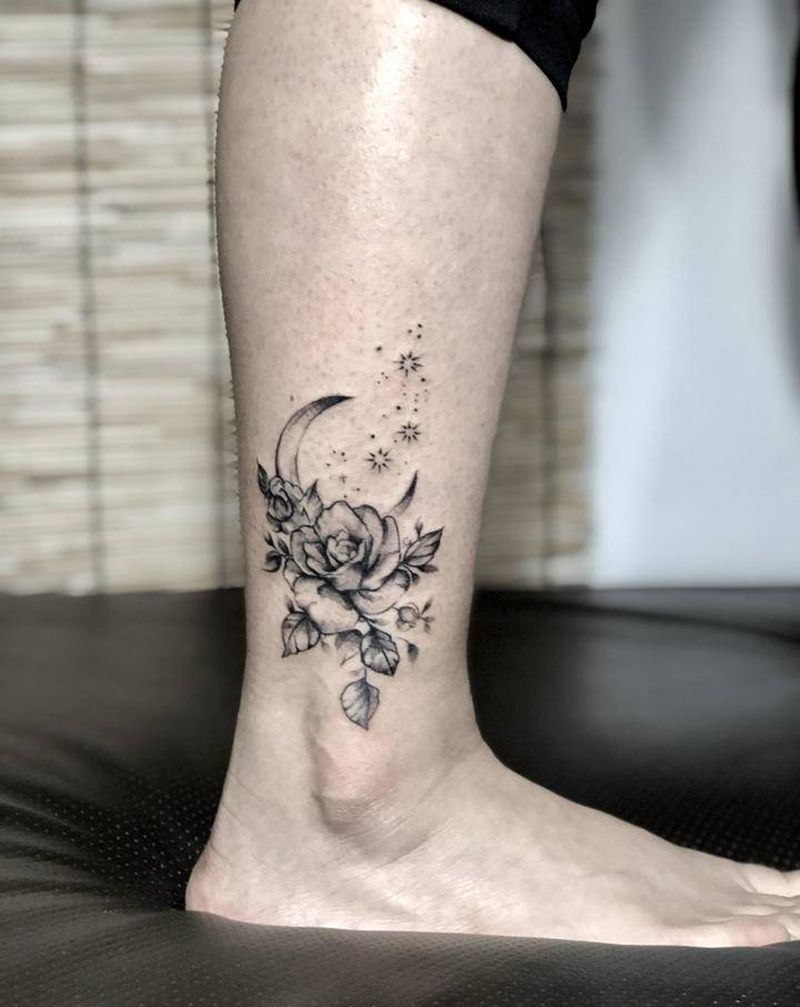 素花纹身图片_腿部几何欧美写实纹身图案