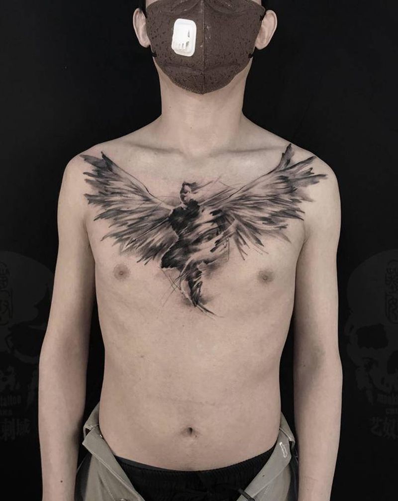 花胸纹身图片_胸部水墨中国风翅膀纹身图案