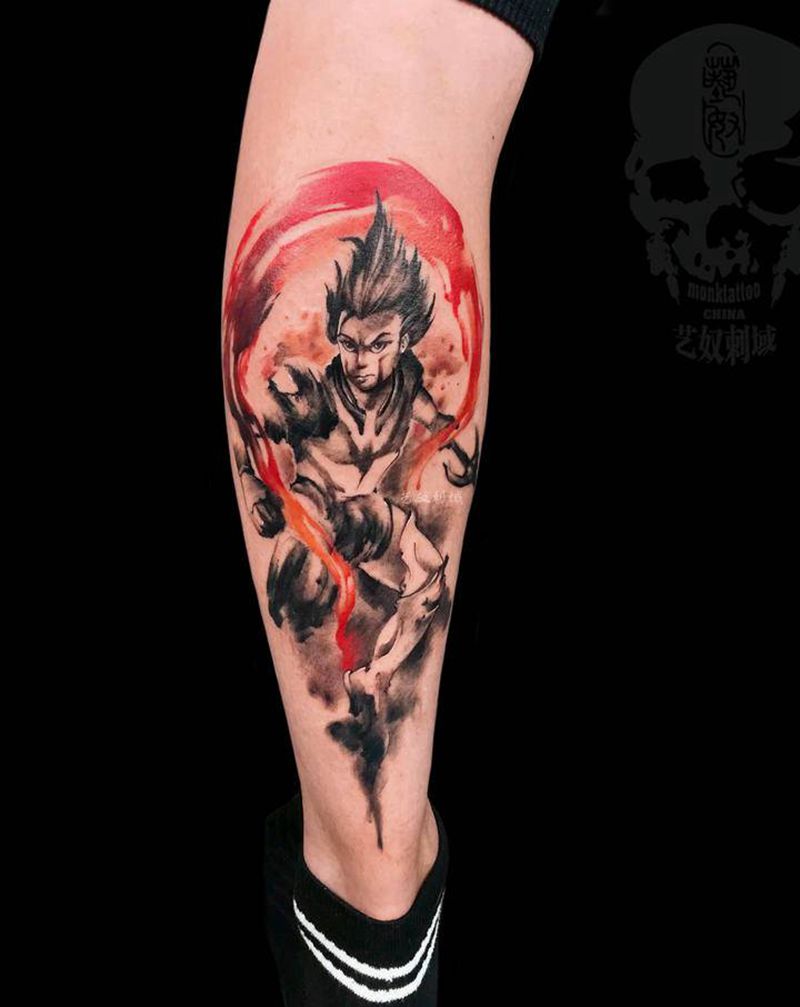 哪吒纹身图片_腿部水墨哪吒纹身图案