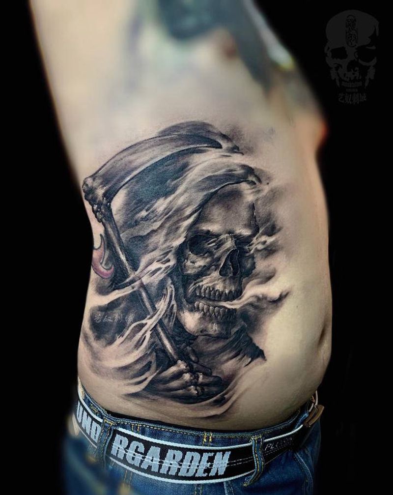 骷髅创作纹身图片_腹部腰部骷髅纹身图案