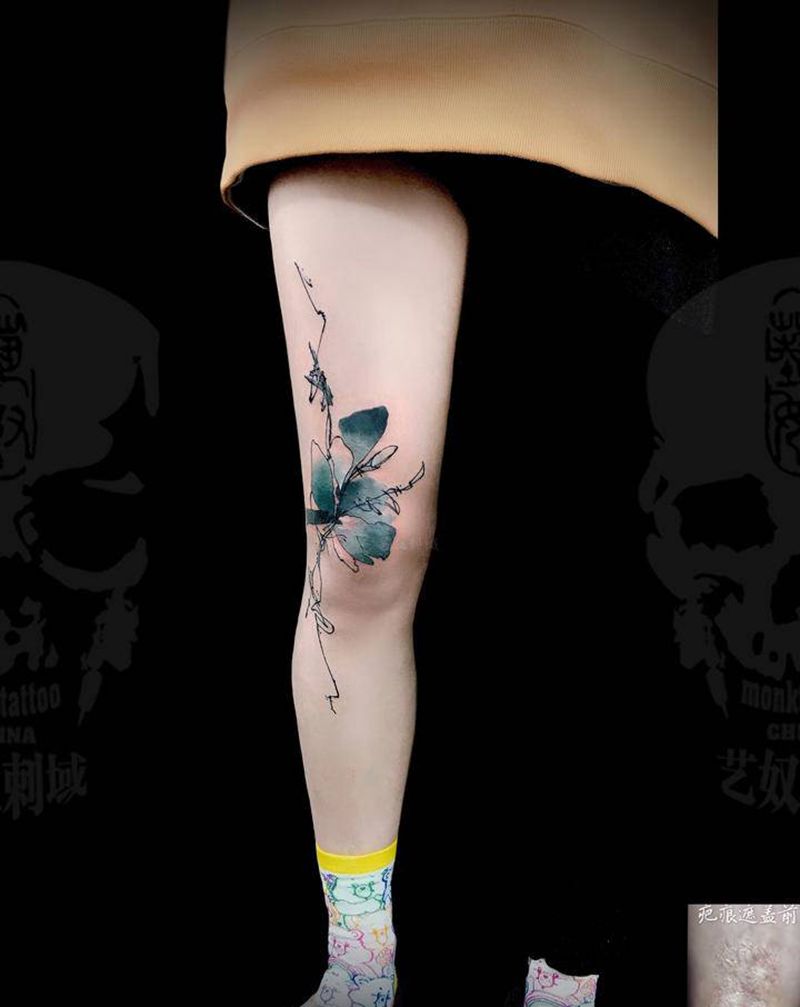 疤痕遮盖纹身图片_腿部水墨疤痕遮盖纹身图案