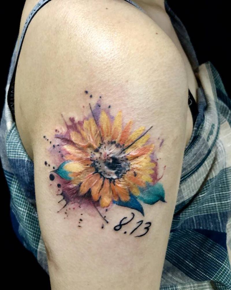 向日葵纹身图片_手臂肩部水彩水墨纹身图案