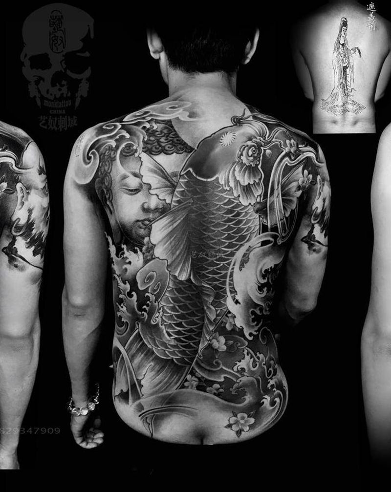 满背纹身遮盖纹身图片_背部新传统遮盖纹身图案