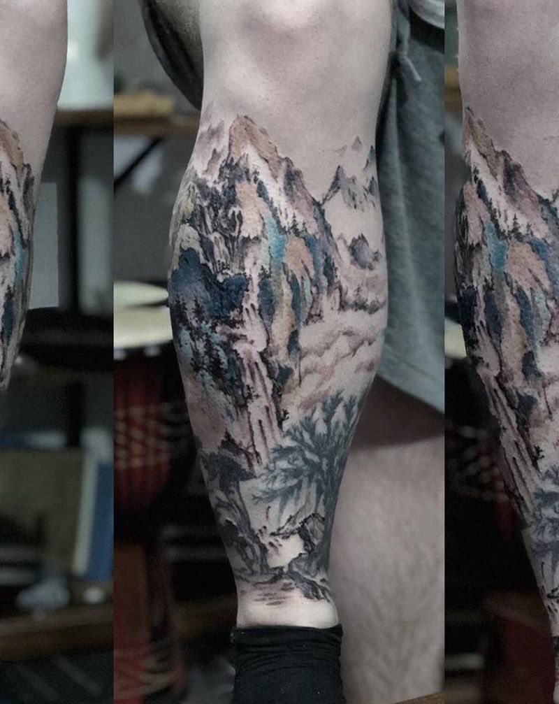 旧图修改纹身图片_腿部水墨水彩纹身图案