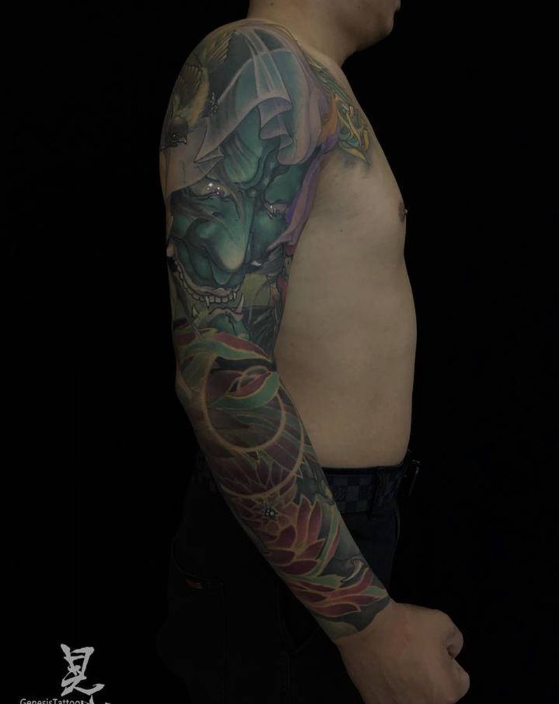 般若纹身图片_手臂新传统般若菊花花臂纹身图案