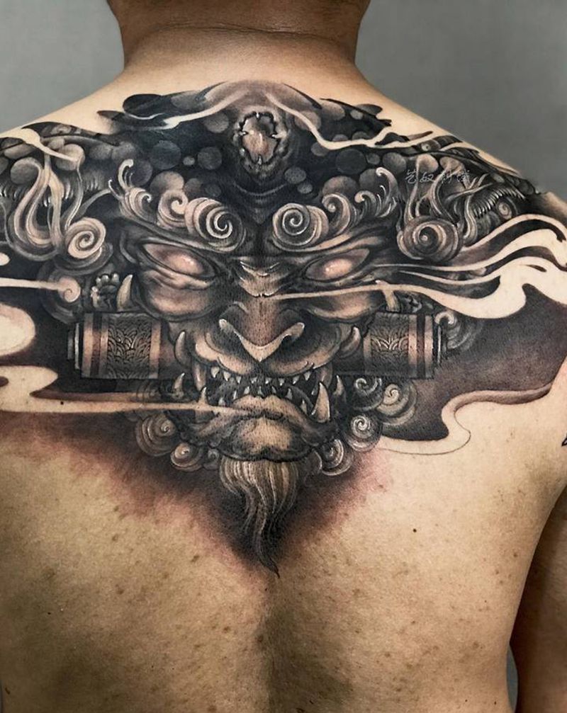 唐狮遮盖纹身图片_手臂背部新传统纹身图案