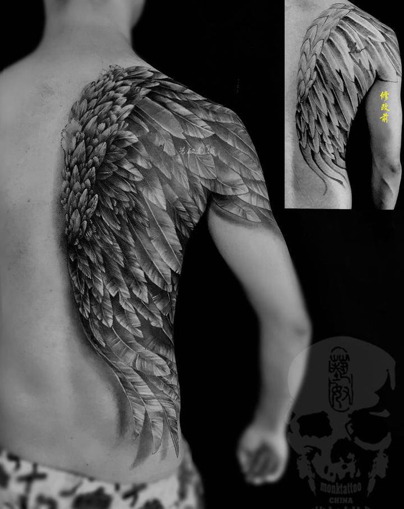 翅膀修复纹身图片_背部手臂纹身图案